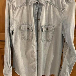 Rubbish Stone washed denim button down shirt Ladies XS Bottom frayed - looks coo